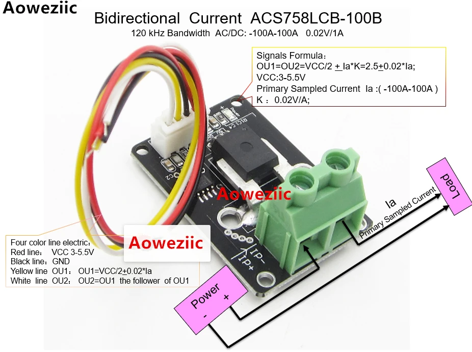 Aoweziic Bidirectional AC/DC Current Sensor module ACS758LCB 100B