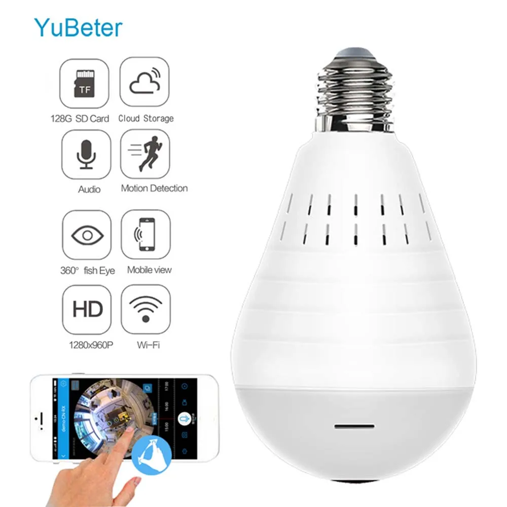 YuBeter 960P Wifi панорамная лампа для камеры 360 градусов рыбий глаз беспроводная