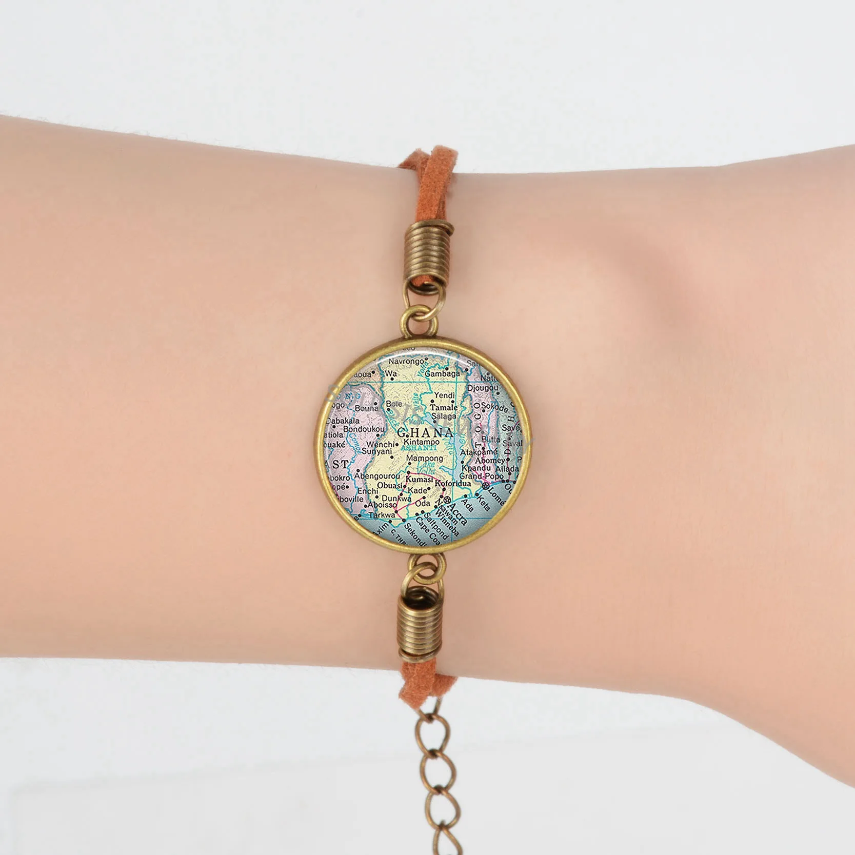 

Israel Georgia Wyoming Tennessee map Suede Leather Bracelet Earth Vintage World Map Savannah Ghana Bracelets Art Glass Dome