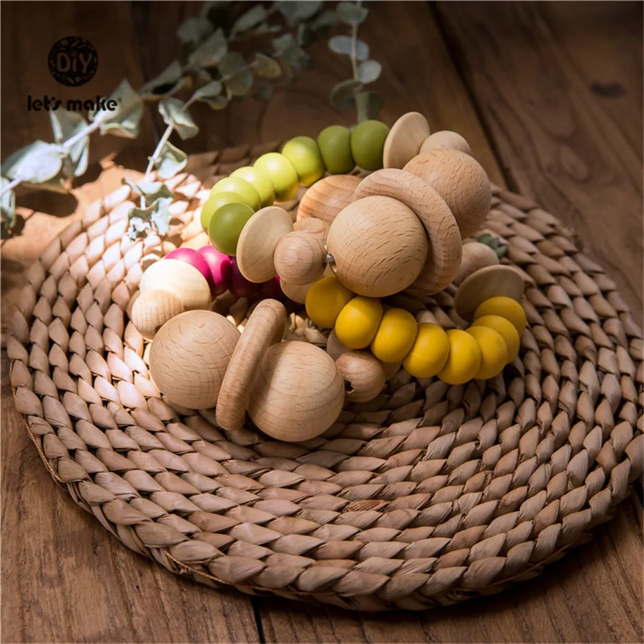 Let's Make 1pc Baby Rattles Wooden Teething Toys Nursing Accessories Gift Silicone Beads Bracelet Baby Bpa Free Silicone Teether