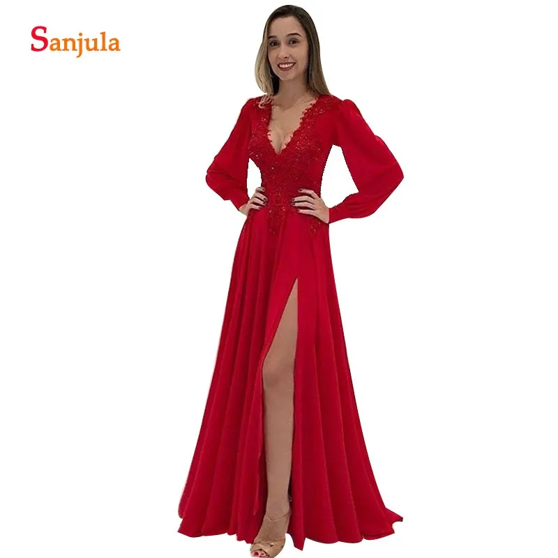 Dark Red Bruid Moeder Jurk Lange Mouwen V-hals Side Slit Partij Jassen Vrouwen Sexy Backless Bruiloft Gast Jurk Applicaties MY09 Dark Red Bruid Moeder Jurk Lange Mouwen V-hals Side Slit Partij Jassen Vrouwen Sexy Backless Bruiloft Gast Jurk Applicaties MY09