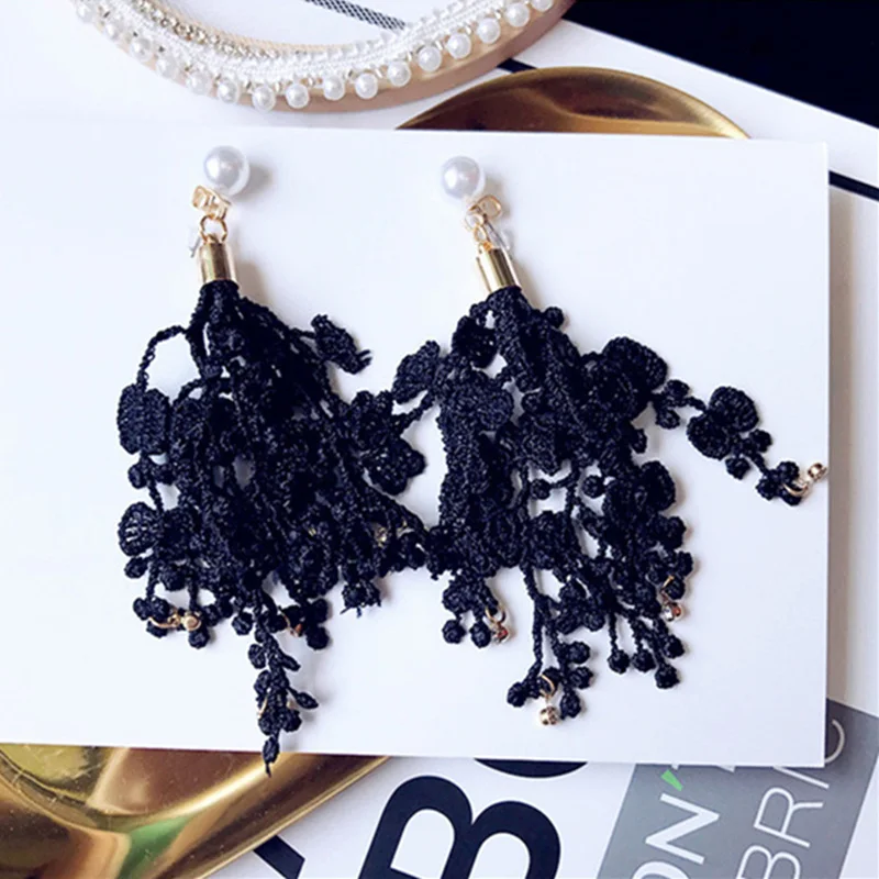 

M MISM 2019 Fashion Lace Tassel Pearl Earrings Long Earrings For Women Jewelry Black White Accessories Girls Festival Gift