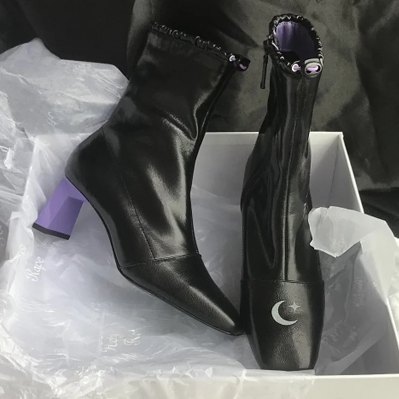 

Woman Boots Square Toe Black Leather Mid-calf Boots Zipper Design Short Booties Color High Heel Woman Shoes Hommes Chaussures