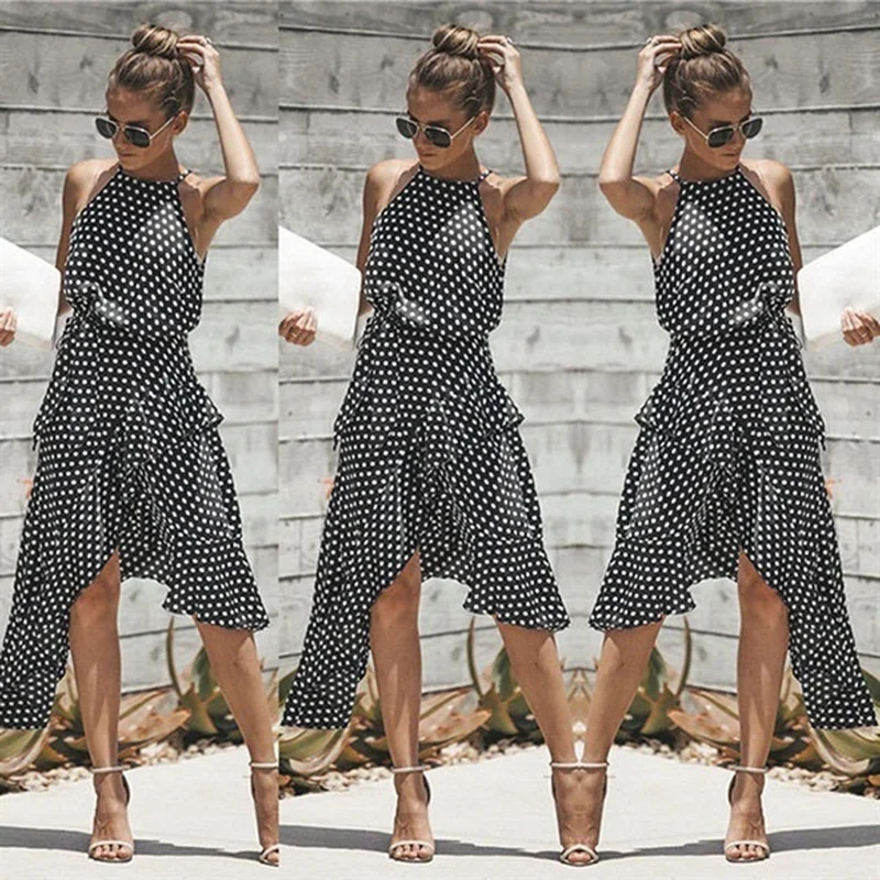 

2019 Summer Women Lady Wrap Dress Polka Dot V-Neck Party Beach Dresses Halter Sleeveless High Waisted Ruffle Sundress