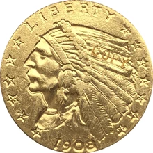 24-K oro plateado 1908 $5 oro indio Mitad de águila copia de moneda envío gratis