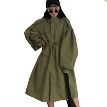 Женское осенне-зимнее Свободное пальто с длинным рукавом на молнии с завязками на талии, стоячим воротником, карманами, ветровка большого размера, уличная одежда