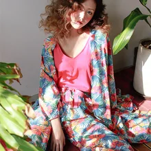 Женская пижама, весна-осень, пижама для сна и отдыха, Шелковый пижамный комплект, атласная одежда для сна, женские пижамы, 3 предмета