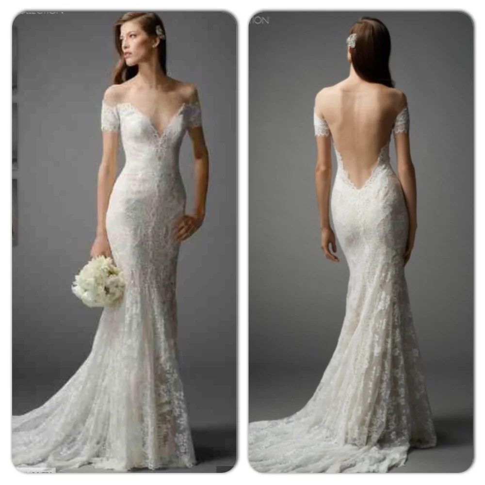 Sheer Backless Short Sleeves Lace Wedding Dresses 2015 Off