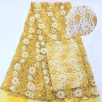 

African Sequins Lace Fabric 2019 High Quality Lace Nigerian Lace Fabric Off Yellow Gold French Party Net Lace Flower Fabrics