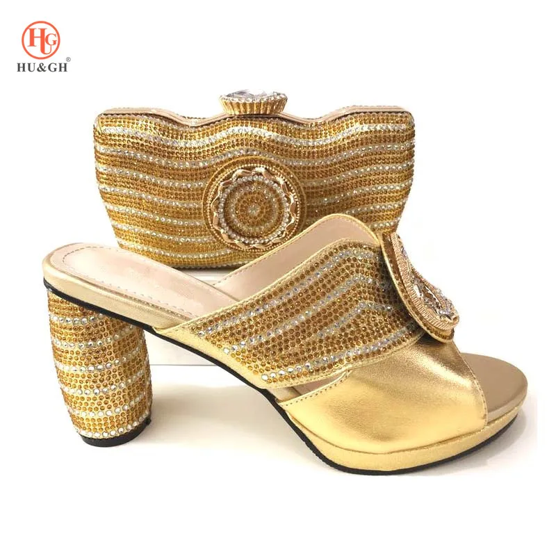 

2018 New Golden Nigerian Shoes And Matching Bag Set For Party African Rhinestone Wedding Shoe And Bag Set Free Shipping BY DHL