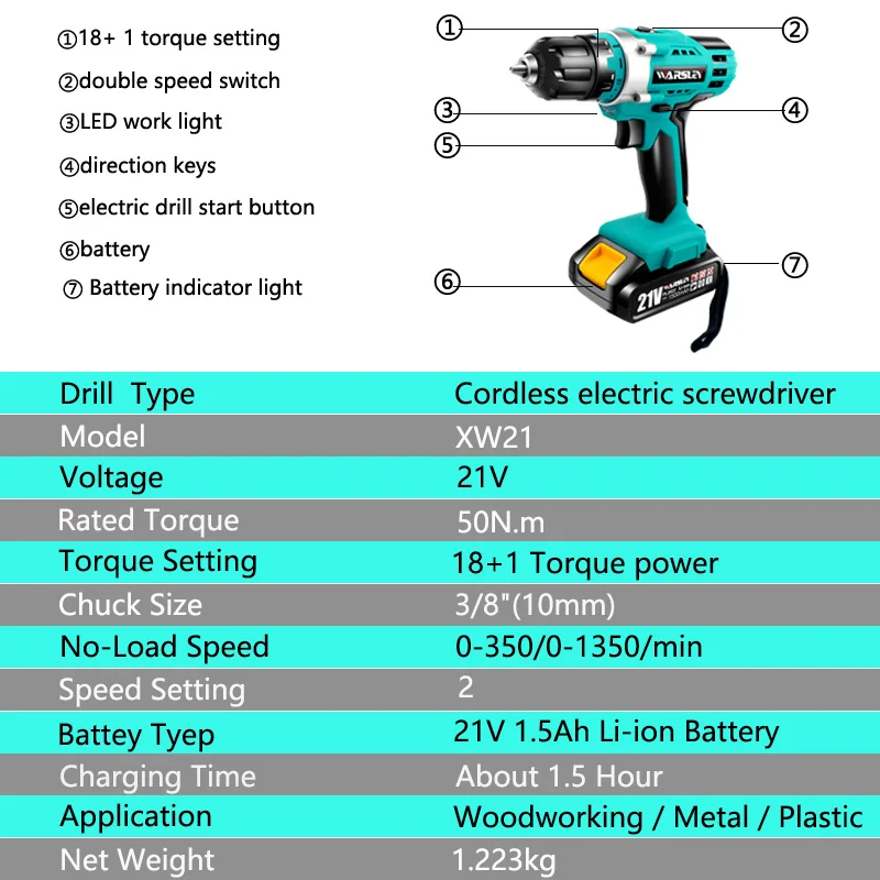 Аккумуляторная электрическая отвертка дрель 21 В литиевая батарея аккумуляторная дрель шуруповерт две скорости крутящий момент ручные электроинструменты