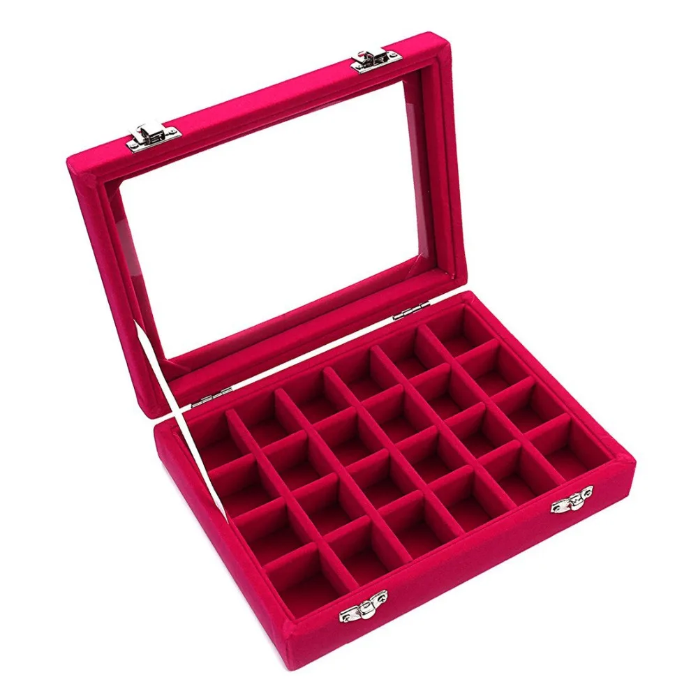 

Hot Pink 24 Slot Velvet Glass Jewelry Box Organizer Rings Earrings Tray Display Storage Case