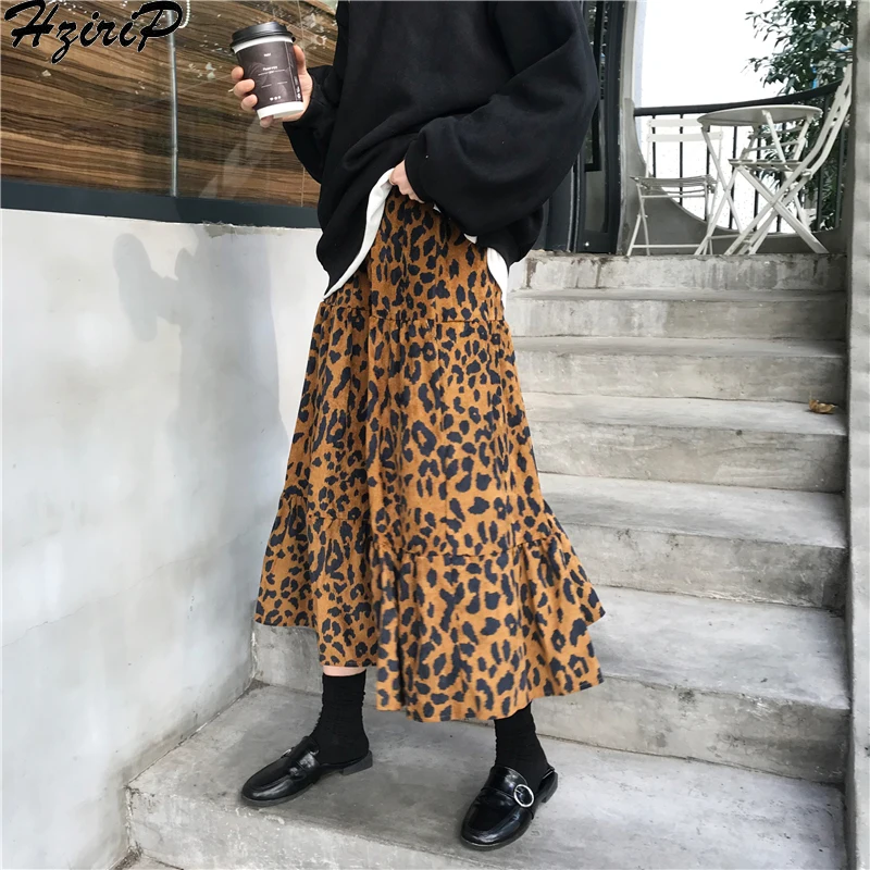 

HziriP Women Elastic High Waist Long Skirt 2019 Autumn Spring Retro Wild Ladies Ruffle Fashion Leopard A-Line Female Skirts