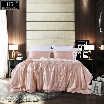 

Mulberry Silk 4 Pcs Bedding Sets With Hidden Button Both Side 19 MM Silk Sheet Quilt cover Pillow case King Size Champagne