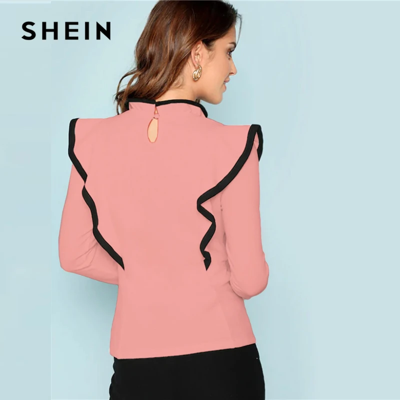 SHEIN элегантный уик-энд Повседневное Для женщин контрастной отделкой оборкой встроенная кнопка стенд collarpullovers футболки облегающая футболка