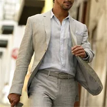 Смокинги для жениха, для пляжа, для свадьбы, светло-серый льняной Блейзер, 2 предмета(пиджак+ брюки+ галстук), Trajes De Hombre, мужской костюм 88