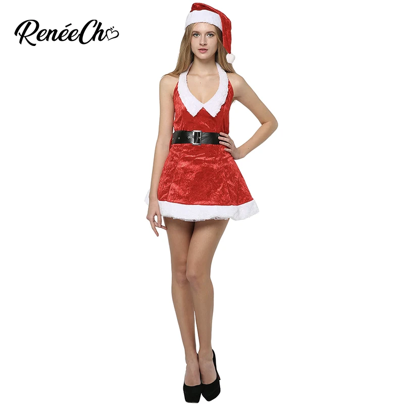 Костюмы Санта-Клауса Для женщин сексуальный Рождественский костюм Новинка; для женщин год с низким вырезом на спине с лямкой на шее красное платье костюм с шляпой, MS Санта-костюм для красотки