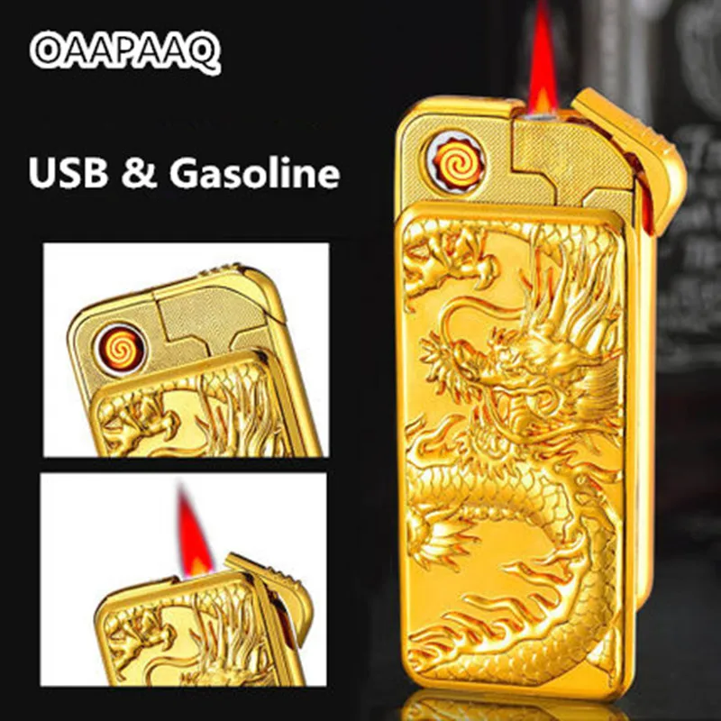 

USB Electric And Gasoline Lighter Dual Use Rechargeable Torch Lighter 1300C Windproof Cigarette Turbo Lighter Emboss Gold Gragon