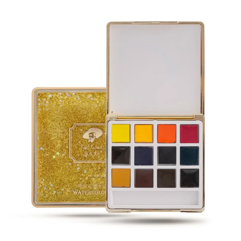 Rubens Mini Portable 12 colors Solid Watercolor Pigment Paint Shinning Box Set