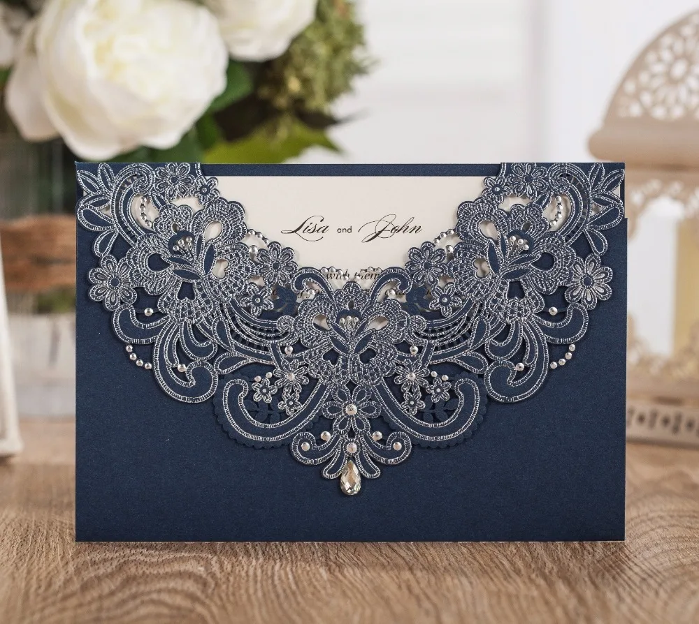 Wishmade Customizable Navy Blue Laser Cut Invitation Wedding Paper Card