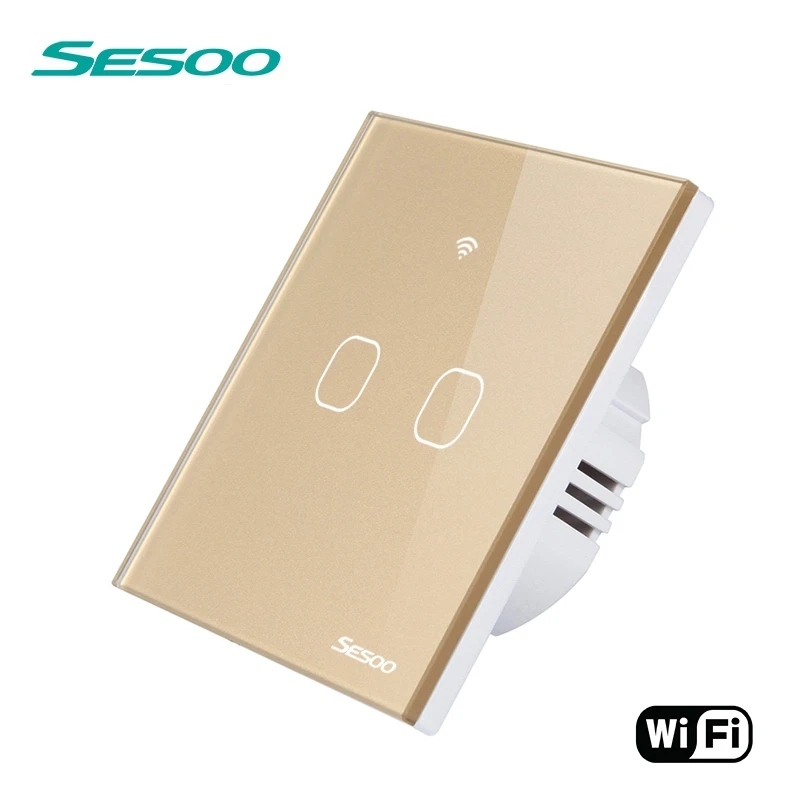 WIFI-EU-SK2-02 Gold SESOO Smart Wi-Fi настенный сенсорный светильник переключатель 2-Gang приложение пульт дистанционного управления "умный дом" контроллер работает с Alexa/Google Home - Цвет: WIFI-EU-SK2-02 Gold