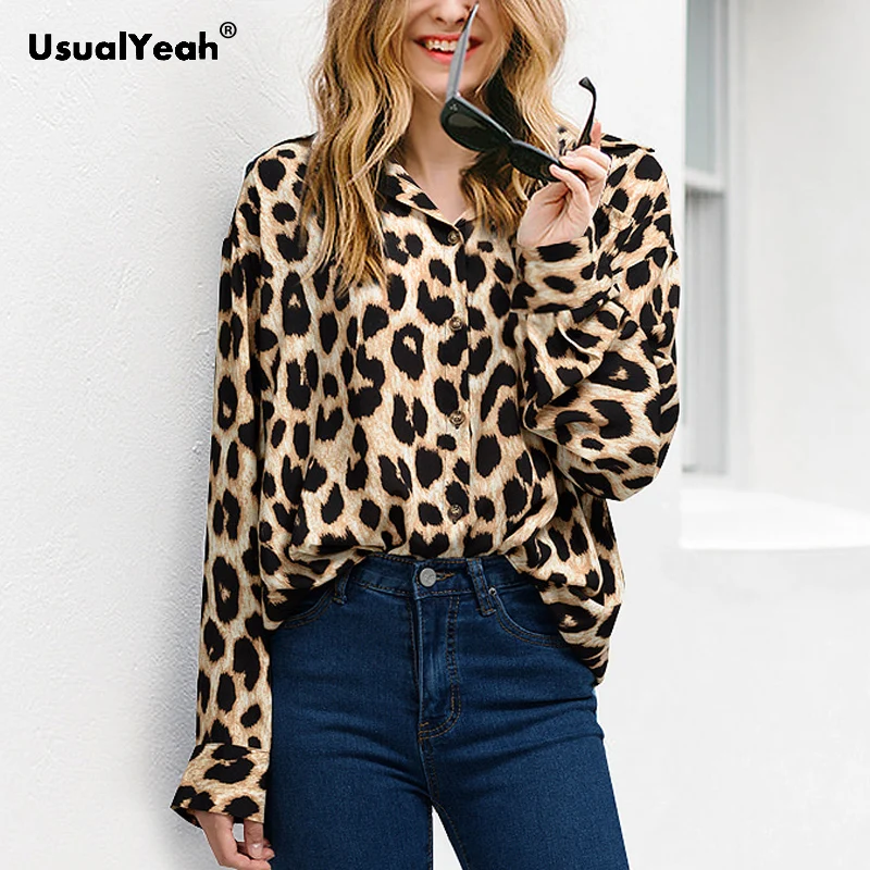 

UsualYeah Leopard Loose Blouse Women Plus Size Pocket