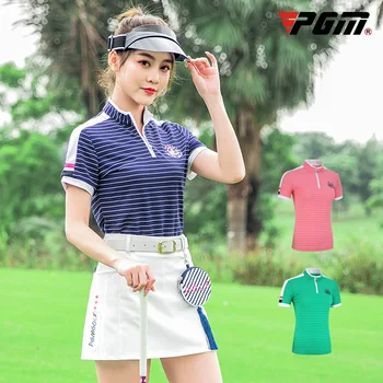 

PGM Women Short Sleeves Golf Shirts Summer Ladies Breathable Turn Down Collar Striped Shirt Golf Apparel D0775