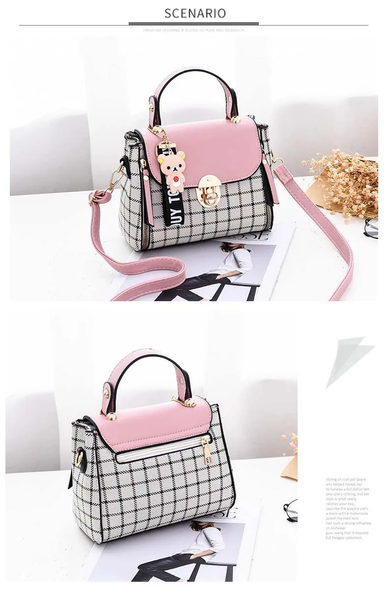 Women PU leather Plaid Bucket Handbag Fashion Panelled Small Printing Crossbody Shoulder Bag Female Elegant Bear Tote Purse Bags (11)
