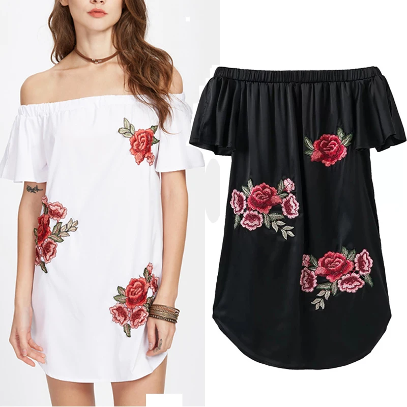 Женское платье с цветочной вышивкой летнее 2017 коротким рукавом открытыми