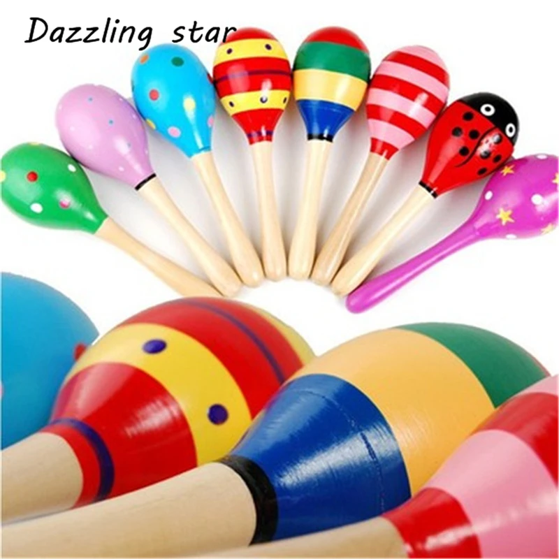 

11CM Wooden Maraca Wood Rattles Kids Musical Party favor Child Baby shaker Toy Hot Baby Baby Rattles Mobiles FS5634