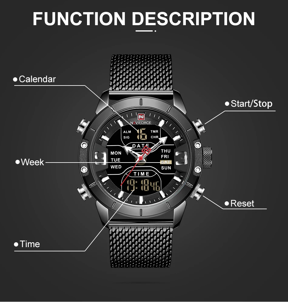 NAVIFORCE часы для мужчин спортивные повседневные Топ Элитный бренд нержавеющая сталь водостойкие светодиодные цифровые наручные часы Relogio Masculino