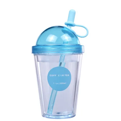 Креативные пластиковые кружки для взрослых с соломинкой, молочный чай, кофейная чашка с крышкой, двухслойная Студенческая пара, стакан для сока, портативная бутылка для воды - Цвет: blue