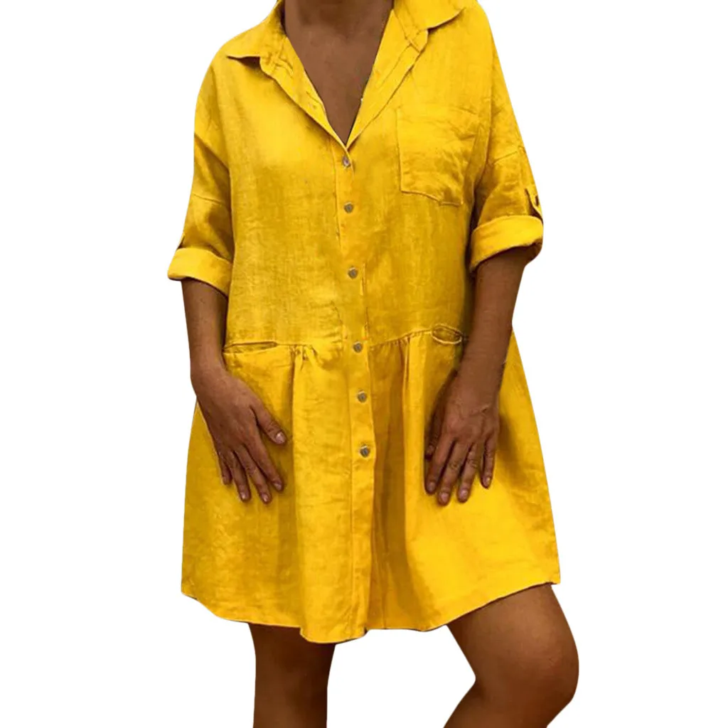 

2019 Summer Women Dress Casual Solid Bohemian Turn-down Dress Roll Up Sleeve Pocket Button Loose Linen Mini Dress L419