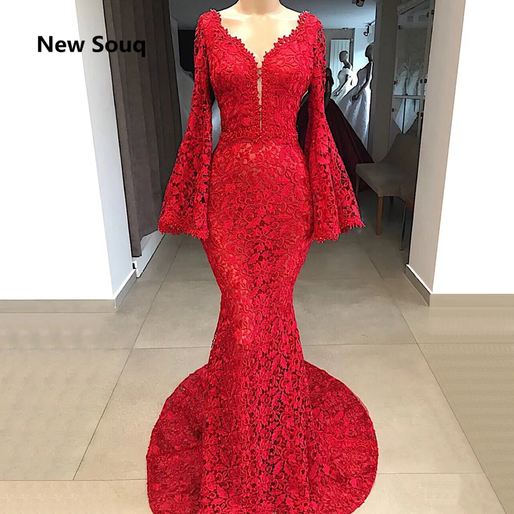 red mermaid gown with sleeves