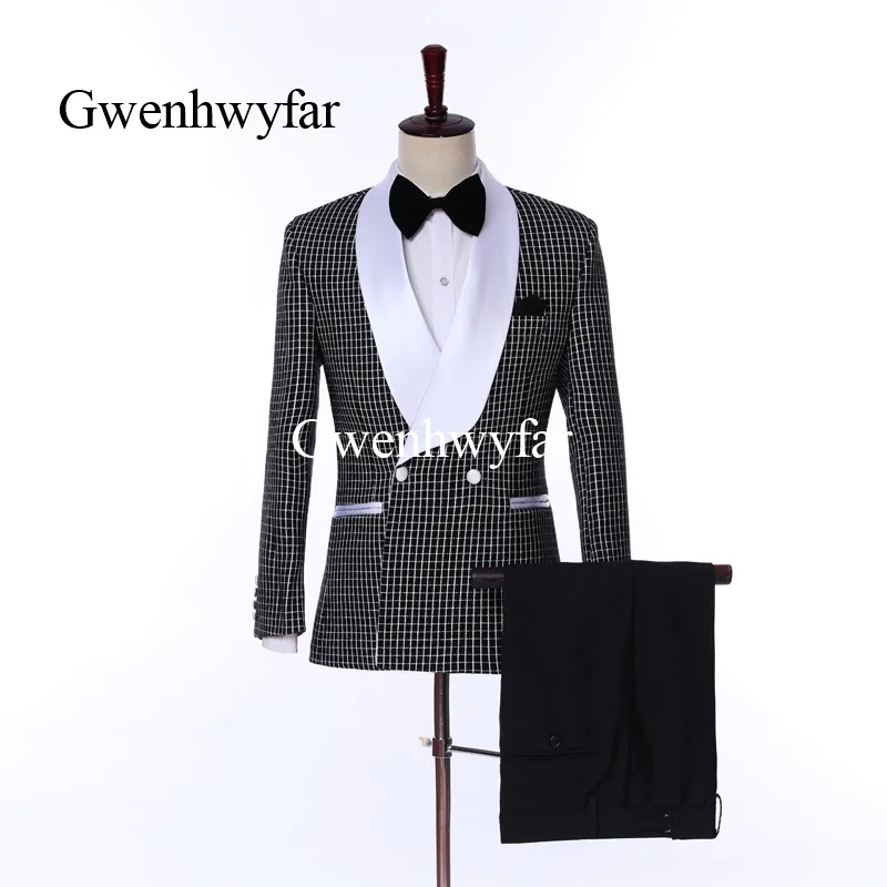 

Gwenhwyfar 2019 Spring Shawl White Lapel Tuxedos Men's Fashion Black and White Plaid Groom Wedding Suits Cool Men Costume Homme