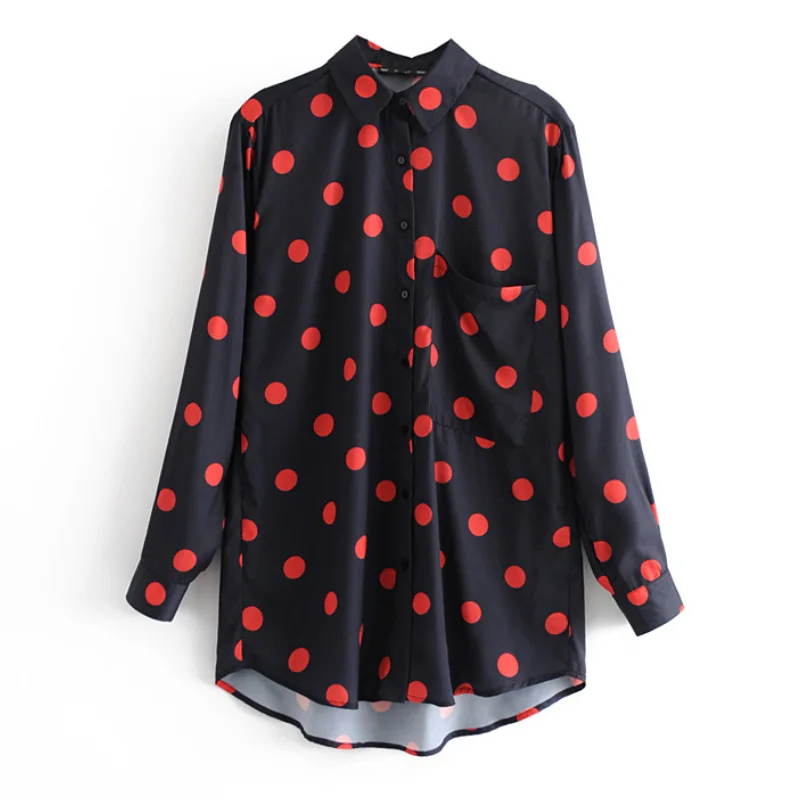 Women Dot Print Long Blouse Pockets Sleeve Turn Down Collar Shirts Female Casual Work Wear Tops FFZSY79 |