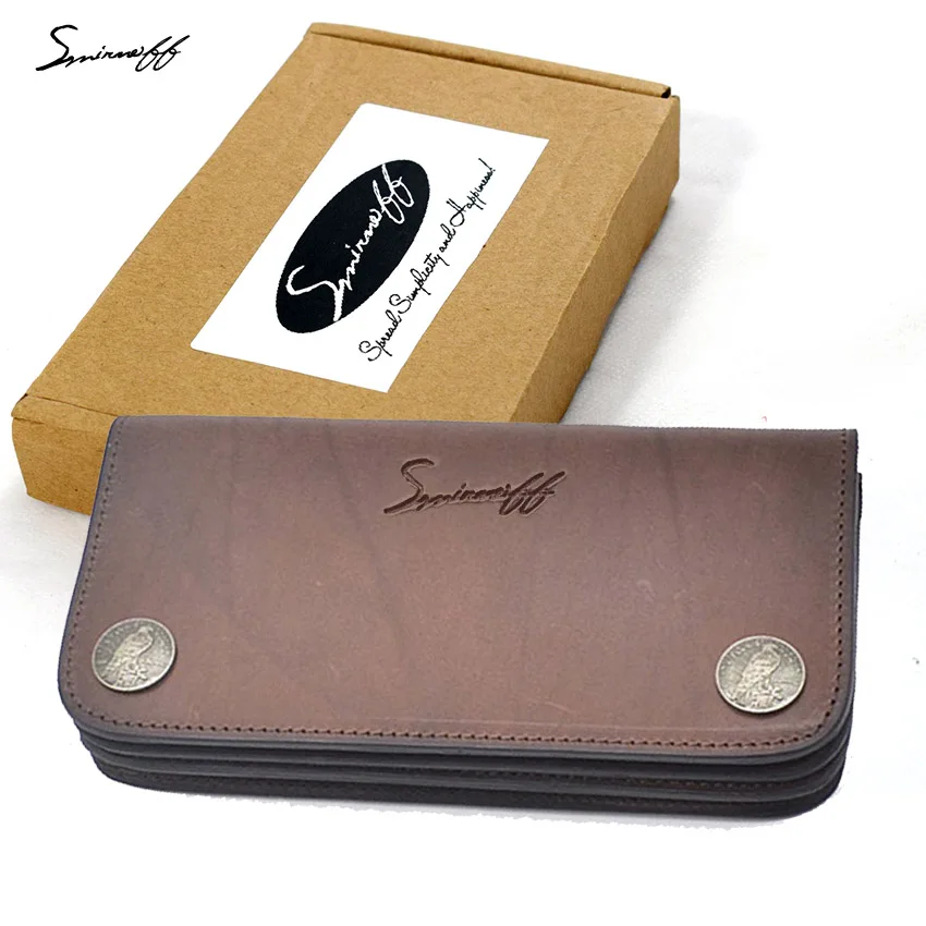 

SMIRNOFF Handmade Purse Women Multi-Functional Card Wallet Long Magnetic Buckle Custom Name Retro Genuine Leather Wallet