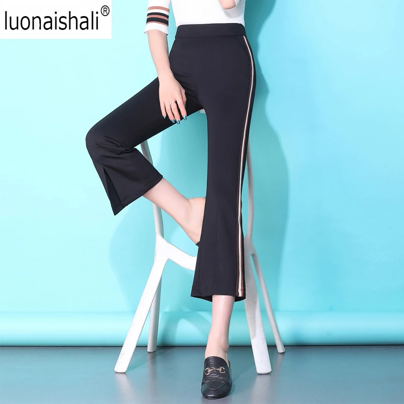 Sport 2019 Elegant korea Women Trouser Spring Summer Pant Femme Elastic Waist FEMALE Striped front culottes Pants boot cut | Женская