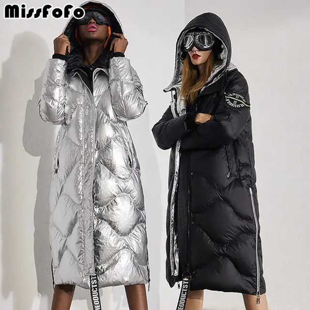 MissFoFo 2018 Новая мода Женская белая утка вниз куртка молнии карманы Размер S-XXL широкий талией серебряный черный Высокое качество Прохладный