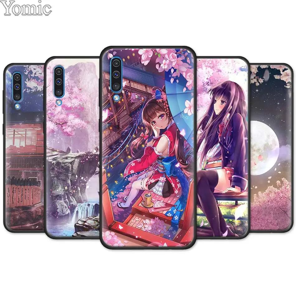 

Japanese anime Plum Cherry blossom girl Black Soft Case for Samsung Galaxy A50 A70 A40 A10 A20 A30 A60 M30 M10 M20 Case Cover