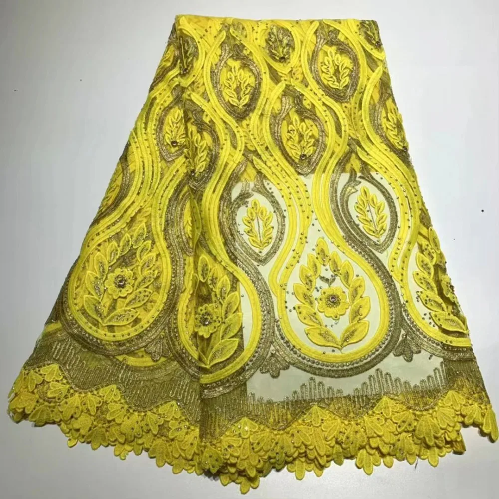 

Top Selling African Pure White Tulle lace High Quality African yellow French Net Lace Fabric with heavy stones and beads