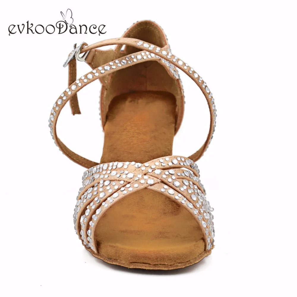 Evkoo танец хаки атлас с Rhinostone Размер 4-12 средняя ширина 8,3 см Высота каблука Professional Wokmen танцевальная обувь Evkoo-523