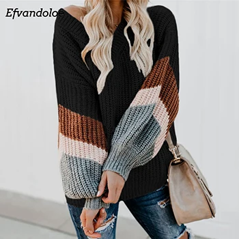 Efvandoloe V образным вырезом осенний пуловер женский свитер зимний pull femme женская одежда джемпер - Цвет: Черный