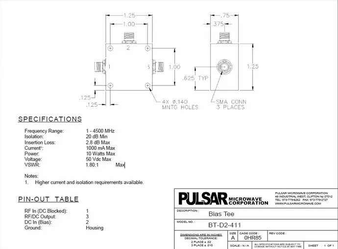 [LAN] Соединенные Штаты PULSAR BT-D2-411 1-4500MHz 50V 1A T RF коаксиальный Высокое напряжение смещение устройства-2 шт./лот