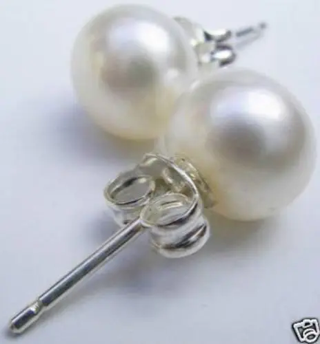 

FREE SHIPPING>>> charm genuine cultured 9-10mm white flat pearl stud earring