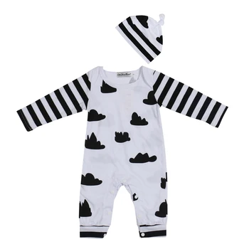 

Infant Baby Striped Cloud Print Romper White Panelled Jumpsuit 2pcs Bebe Kids Clothes