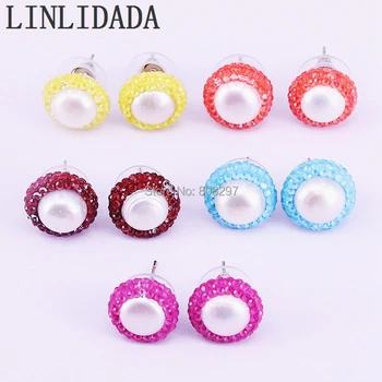 

5Pair Women Fashion Party Mix Color 14MM Natural Freshwater Pearl Round Elegant Stud Earring