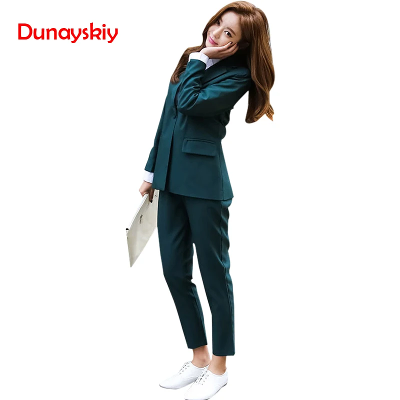 Coats dark 2 Lady Pant Sleeve Office Set Suit Solid And Basic Dunayskiy Business Green Wears Women Blazers Work Pants Uniform Piece Black Long xqEC8716w