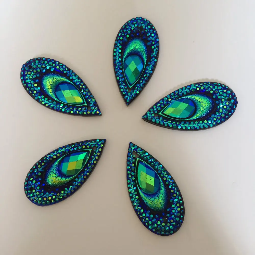 

20PCS AB Resin Peacock Teardrop Flatback Rhinestone Wedding decoration 2 Hole D026