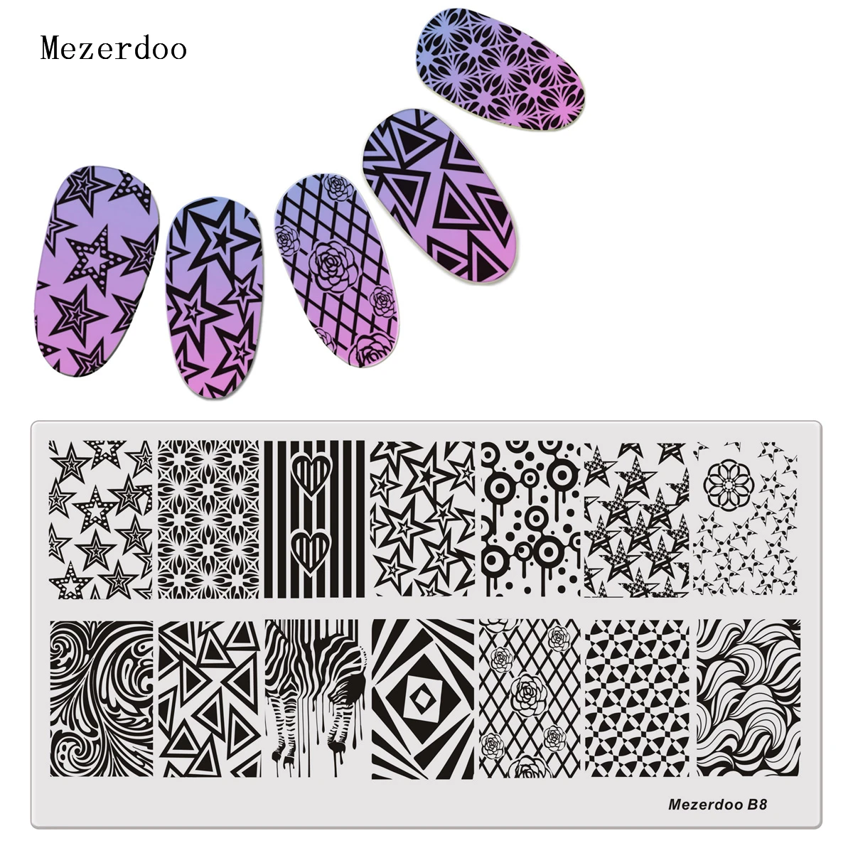 Mezerdoo Star Rose Patterns Rectangle Stamping Plate Space Star Moon Manicure DIY Nail Art Stamp Template B8